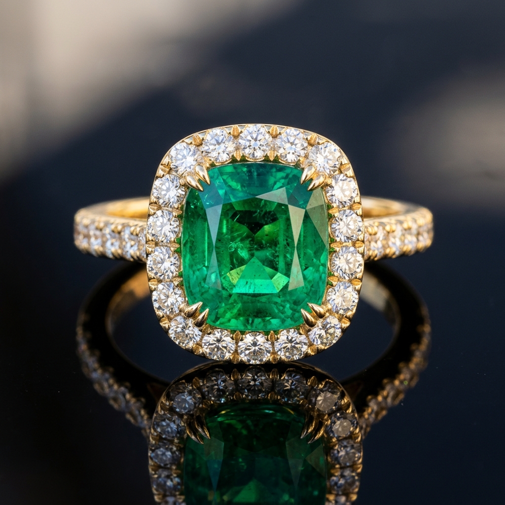 Colombian Cushion Emerald Ring with Diamond Halo